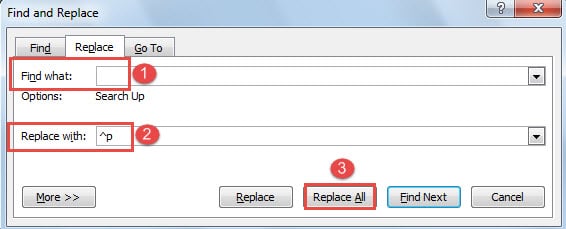 Enter a Space in "Find what" Box->Enter "^p" in "Replace with" Box->Click "Replace All"